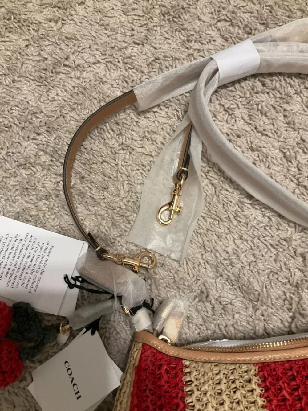 COACH teri shoulder bag with stripes and charm. gold/red/tan. item # cer34.
